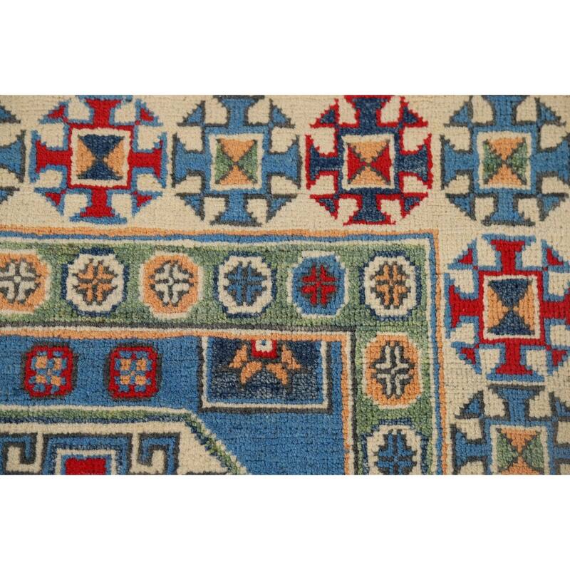 Blue Geometric Kazak Runner Rug Hand-Knotted Oriental Wool Carpet - 2'8" x 9'6"