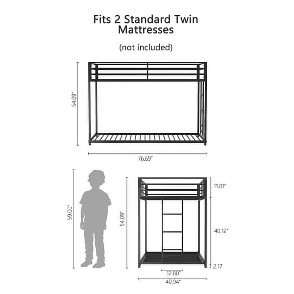 Low Profile Twin over Twin Bunk Bed with Ladder and Guardrails