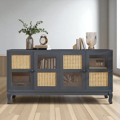 Retro 4-Door Sideboard with Large Storage Space, Rattan & Glass Doors, Accent Cabinet for Dining Room & Entryway