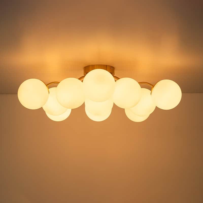 Milky Glass Globe Brass Sputnik Bubble Ceiling Light - 30in Chandelier