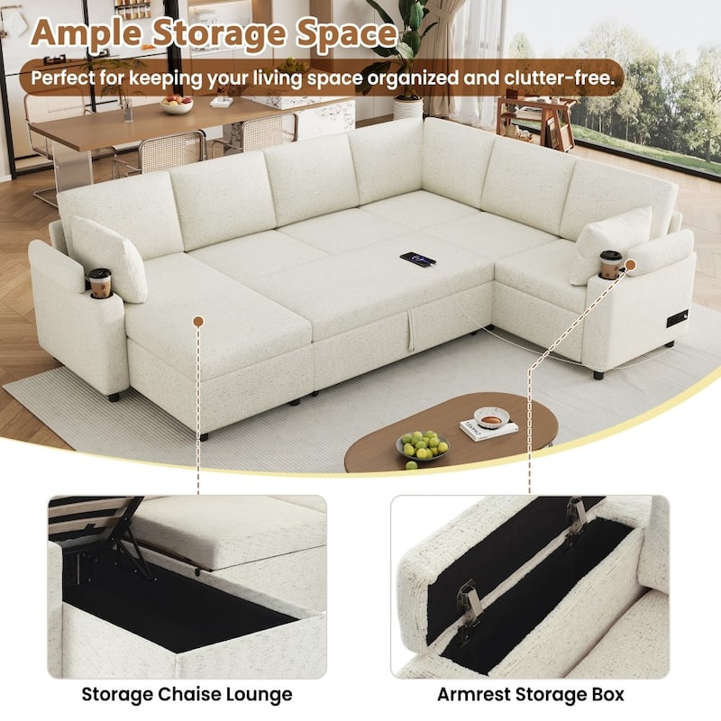109.9" Modern U-shaped Sleeper Sectional Sofa with Two Cup Holders and Charging Ports