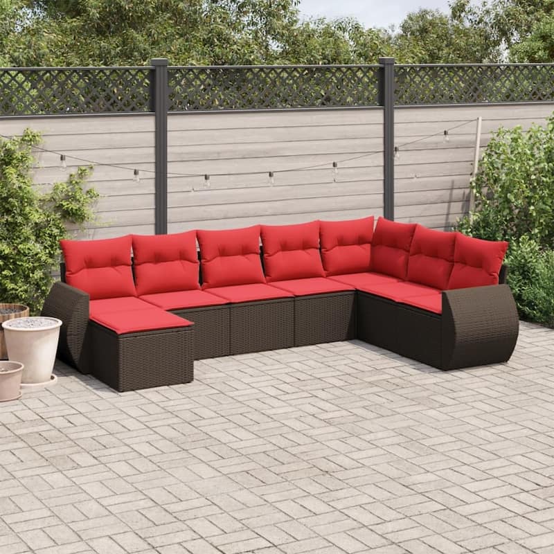vidaXL 8 Piece Patio Sofa Set with Cushions Grey Poly Rattan - 24.4" x 24.4" x 27.2" - Brown and red Without table