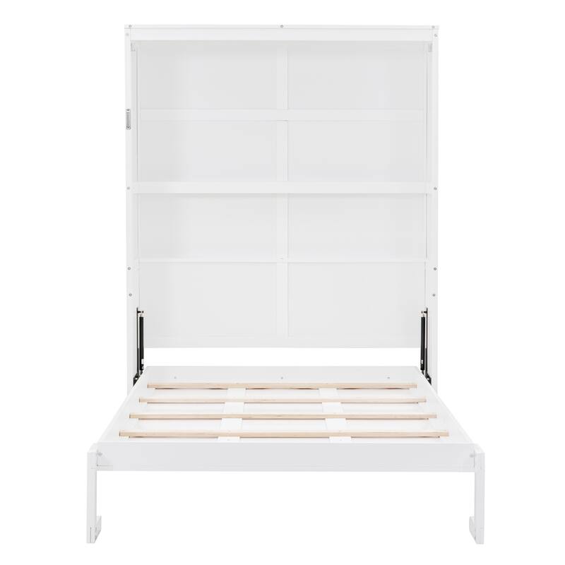 Space-Saving Full Size Wall Bed with Shelves and Mattress Holder, White