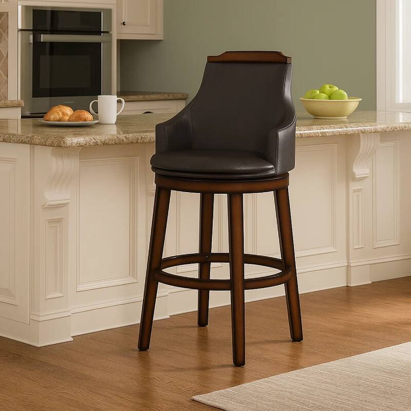 Bar Height Chair, Set of 2, Dark Brown Faux Leather, Wood Legs