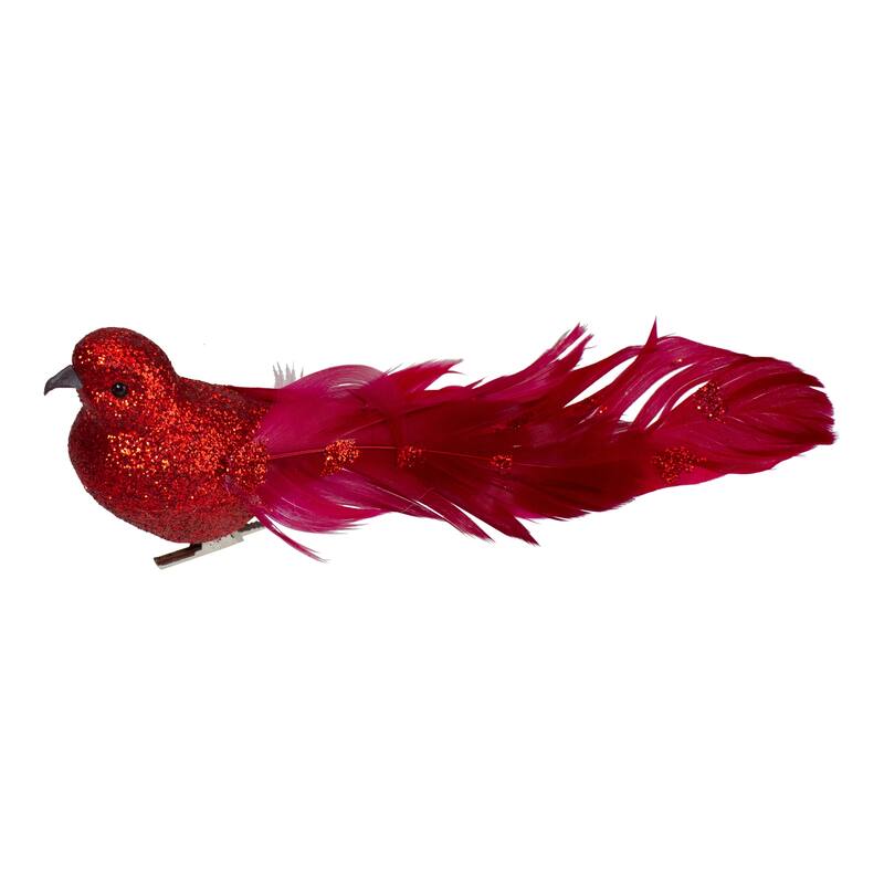 Glittered Bird With Feather Tail Christmas Clip On Ornament - 7" - Red