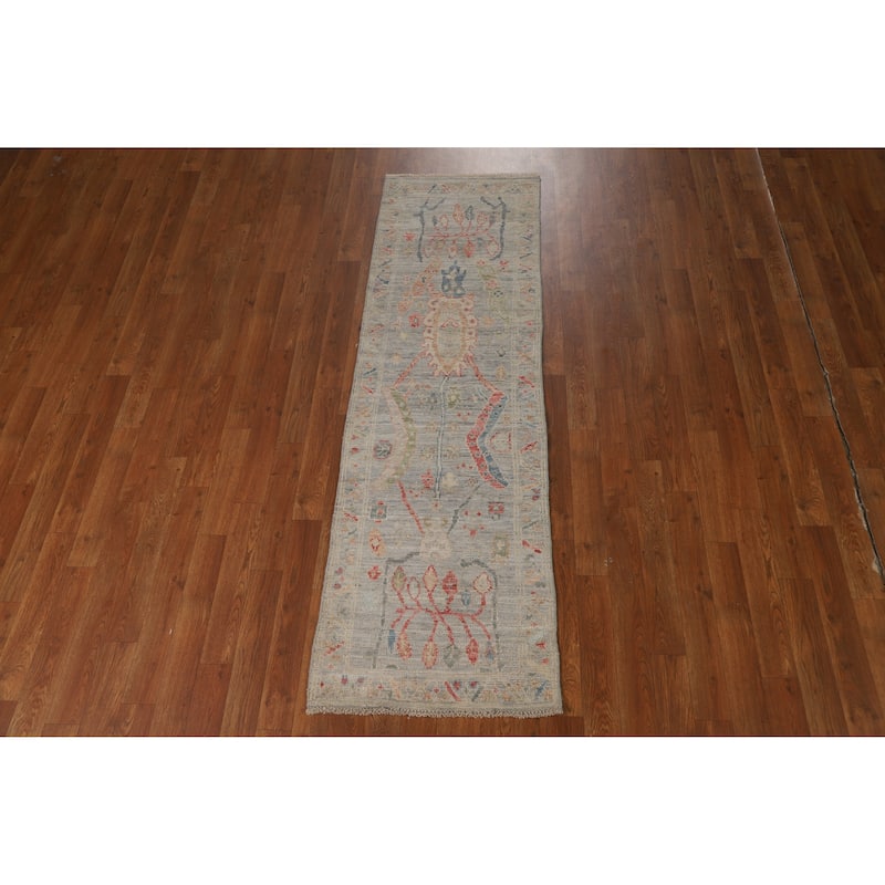 Hand Knotted Oriental 100% Wool Carpet Transitional All-Over Greys & Charcoal Oushak Runner Rug - 6' 4'' X 1' 10''