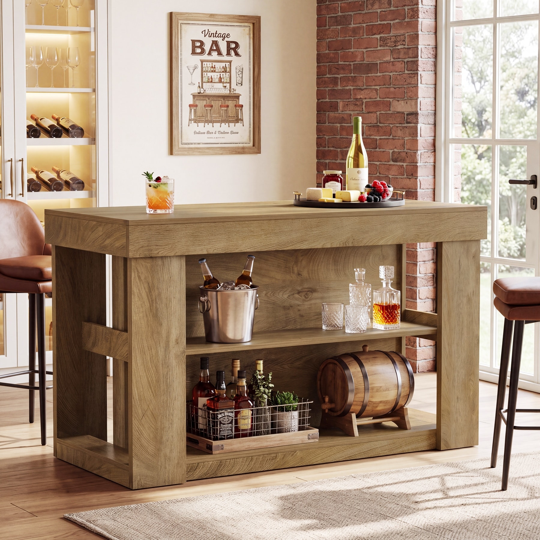 55 Inch Rectangular Bar Table with 2 Storage Shelves - 23.62"D x 55.12"W x 35.43"H