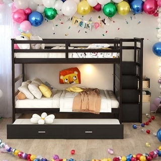 Simple Full over Full Bunk Bed With Trundle And Staircase,Storage Drawers