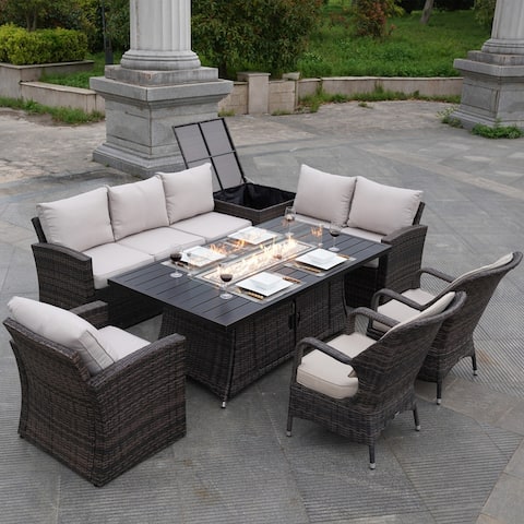 7-Piece Patio Rattan Sofa Set with Alum Dining Table and Armchairs