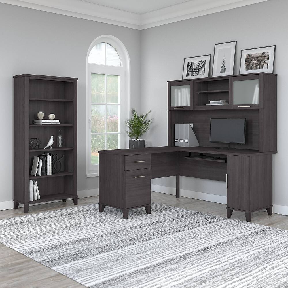 Somerset 60W L Shaped Desk with Hutch and 5 Shelf Bookcase in Ash Gray