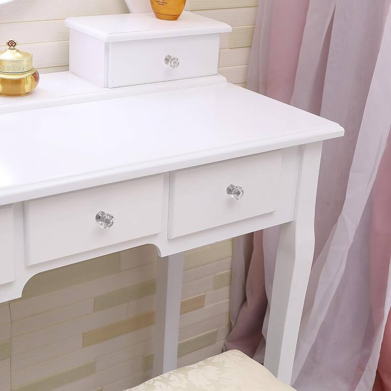 Vanity Desk with Mirror and Lights with 5 Large Drawers - White