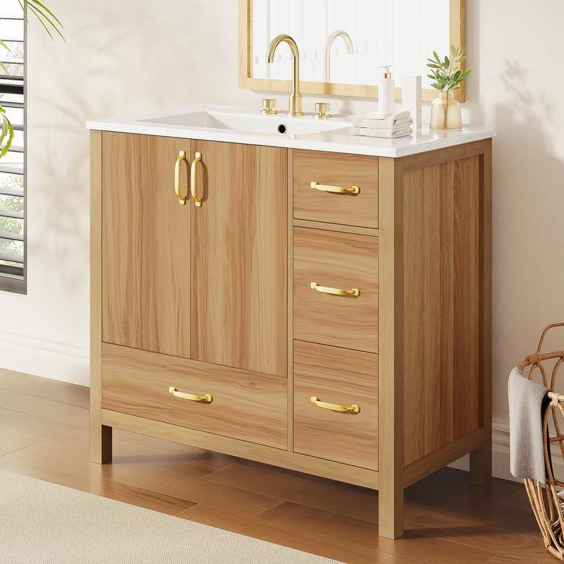 36" Bathroom Vanity with Ceramic Sink, 2 Soft Close Doors, 4 Drawers, Adjustable Shelf