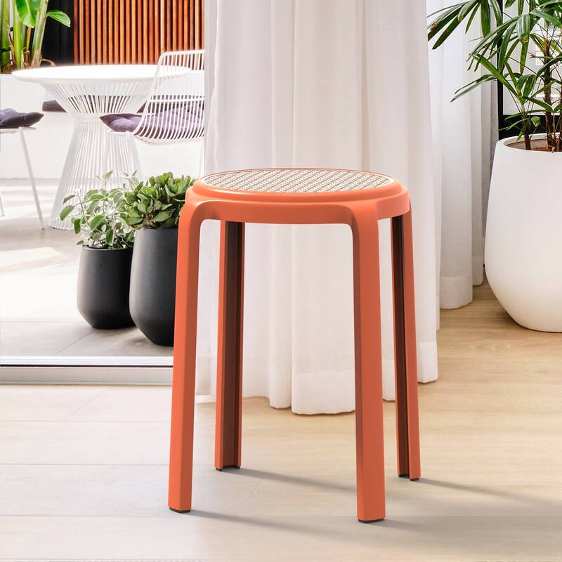 Round Plastic Dining Stool with Wicker Top Tresse Series by LeisureMod - 17.7" H x 13.4" W x 13.4" D