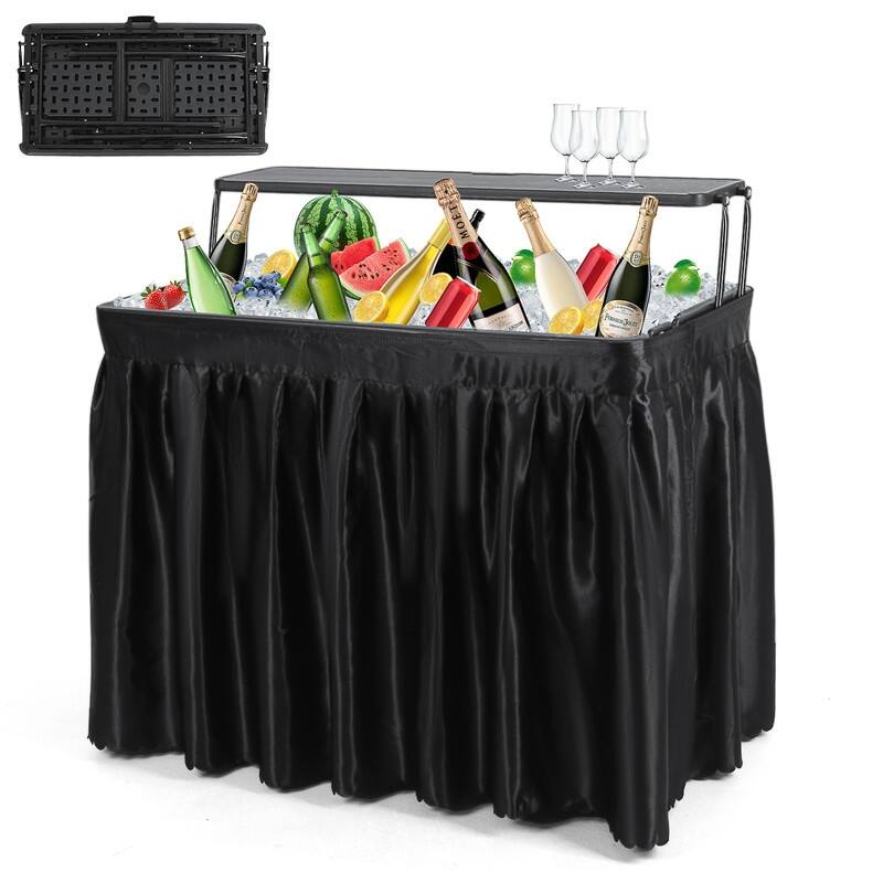 4 ft Folding Ice Table, Party Cooler, Fishing Table with Drain, Skirted Prep (Black) - Black