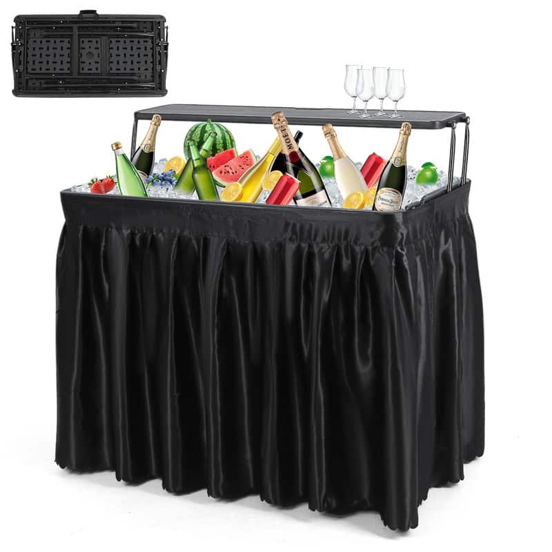 4 ft Folding Ice Table, Party Cooler, Fishing Table with Drain, Skirted Prep (Black)