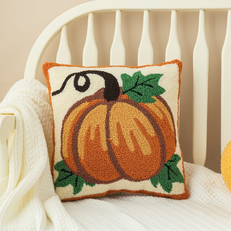 Glitzhome 14''H Fall Harvest Hooked Pumpkin Sunflower Pillow - Pumpkin
