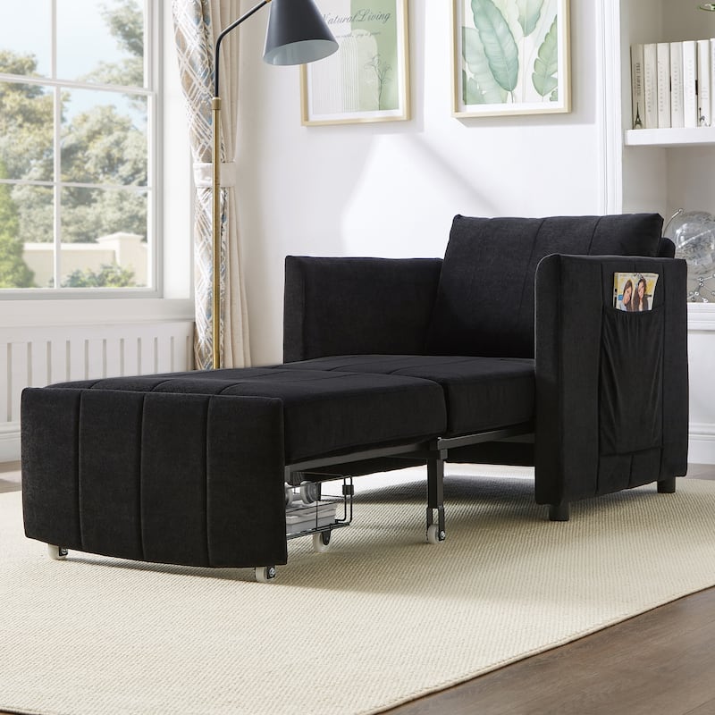 Roomfitters Convertible Sleeper Sofa with Pull-Out Bed 5-Position Adjustable Backrest Side Pockets & Storage Basket - Black