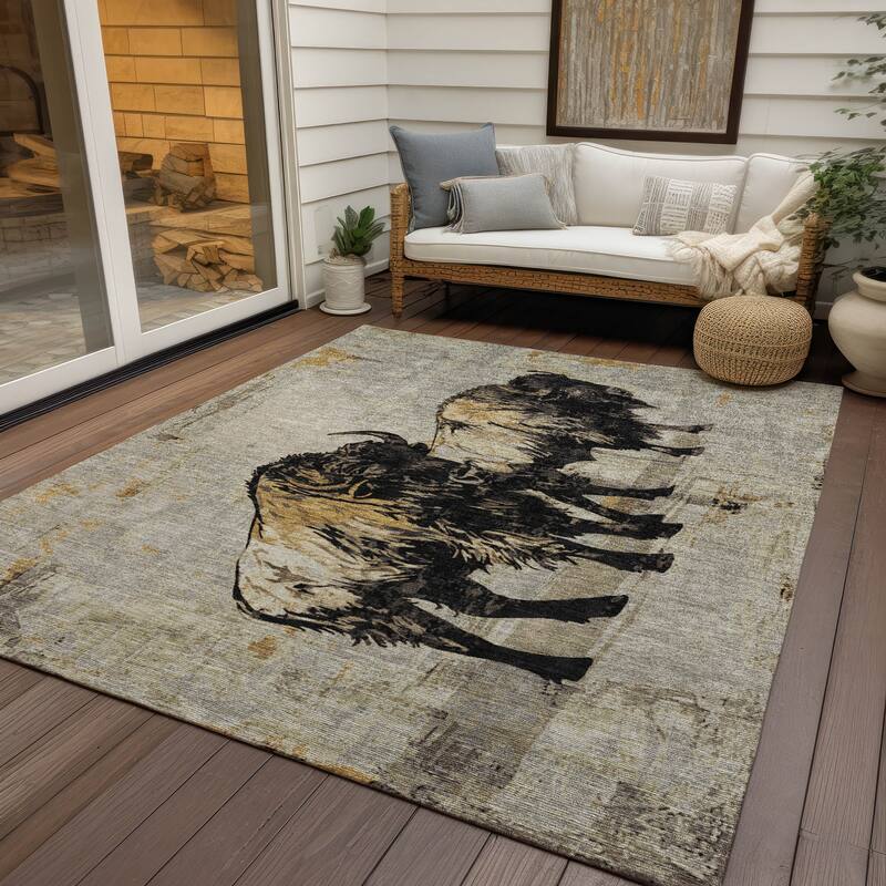 Machine Washable Indoor/ Outdoor Modern Buffalo Chantille Rug