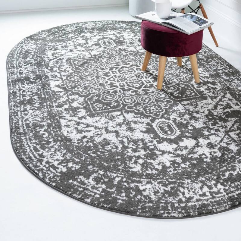 Traditional Brenda Collection Area Rug - Dark Gray - 5'x8' Oval