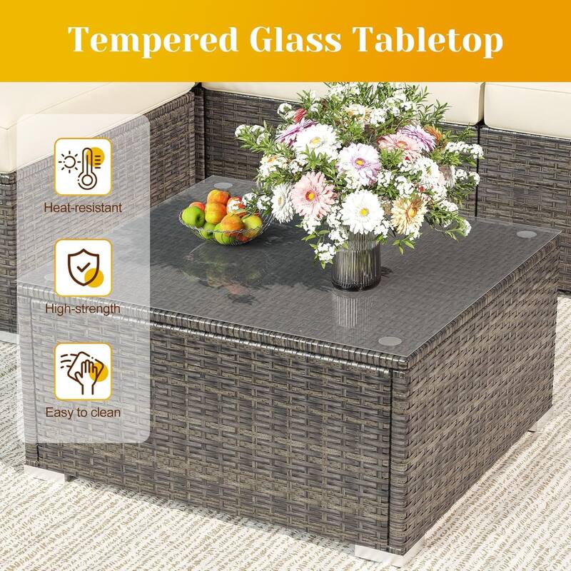 5-Piece Wicker Conversation Set with Beige Cushions and Glass Table