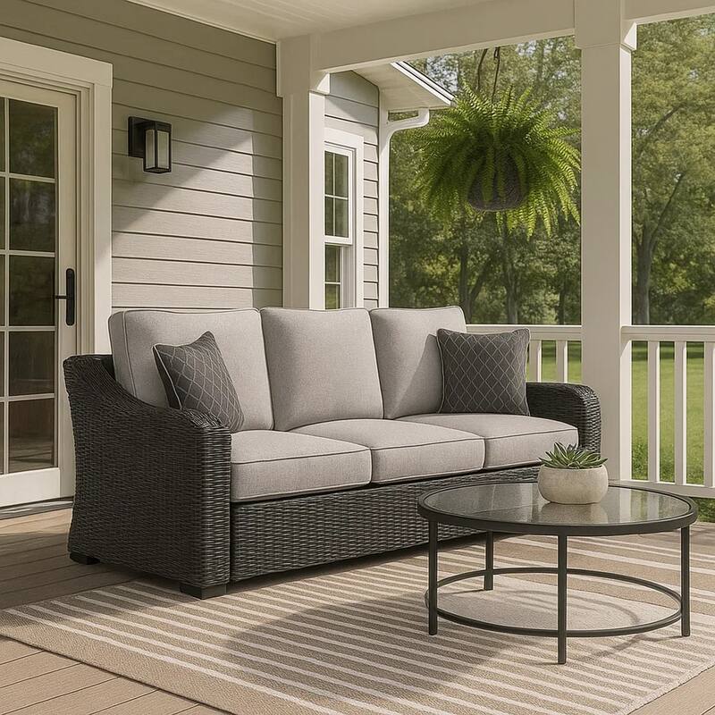 Tira Outdoor Sofa, 83 Inch, 2 Accent Pillows, Gray, Black Woven Wicker