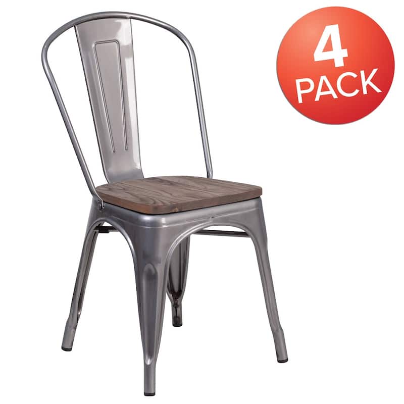 4 Pack Clear Coated Metal Stackable Chair with Wood Seat