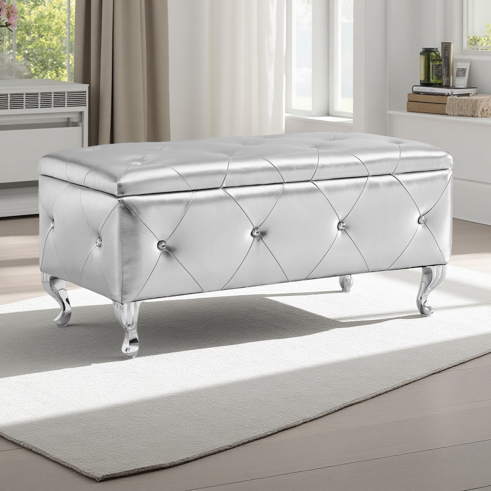 38.5"L Upholstered Storage Ottoman Bench, Faux Leather with Crystal Buttons, Rectangular Footrest for Bedroom, Metal Legs