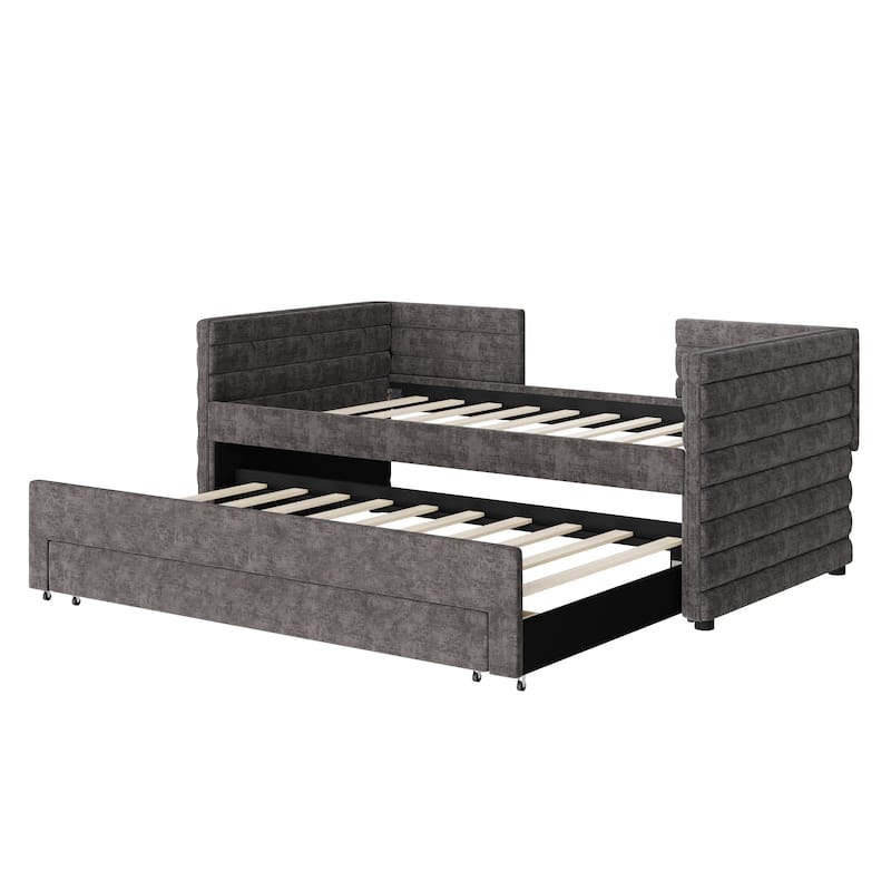 Twin Upholstered Daybed - Trundle, 3 Storage Drawers, Linen Fabric, Space-Saving, No Box Spring