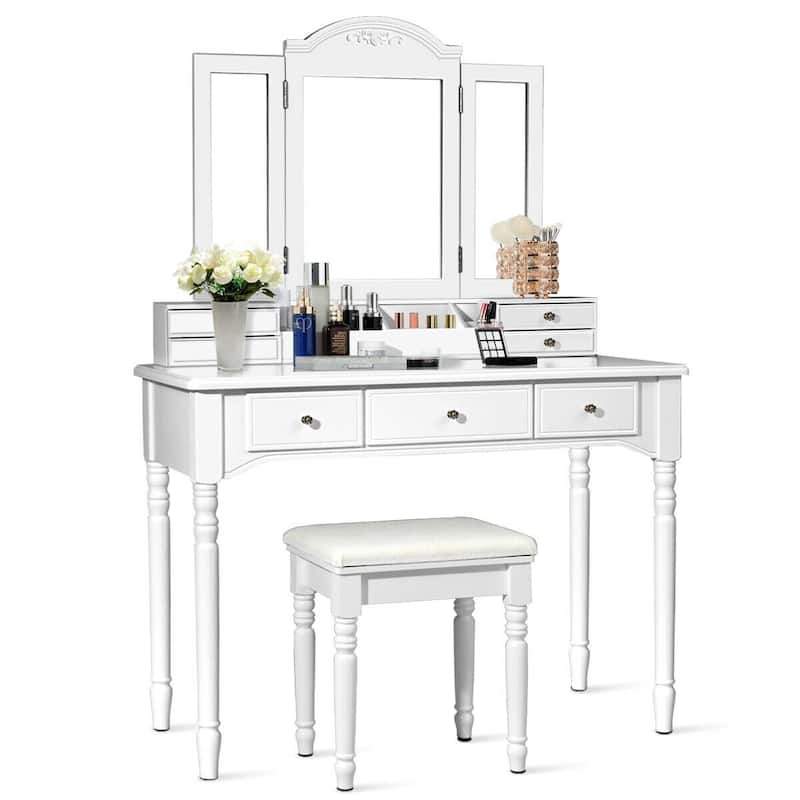 Gymax 7 Drawers Vanity Set Dressing Table w/ Tri-Folding Mirror White
