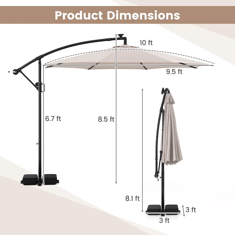 Costway 10 FT Solar Offset Hanging Umbrella with Base Patio Cantilever