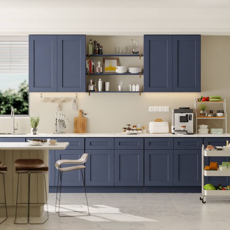Navy Blue Shaker 36" Solid Wood Wall Cabinet, Soft Close Hinges, Adjustable Shelves, Double Door for Kitchen