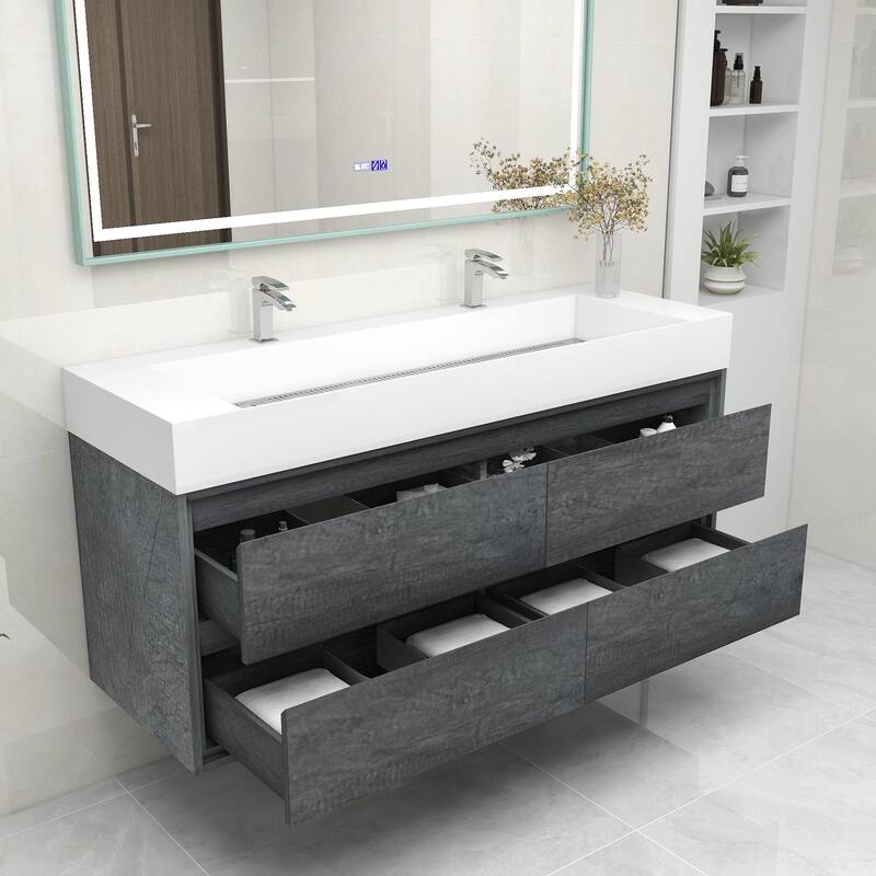 Victoria 60" Wall Mounted Modern Vanity with Double Acrylic Sink
