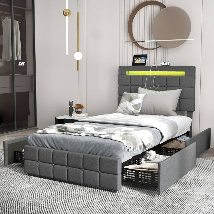 Upholstered Queen LED Bed Frame with Headboard and 4 Drawers-Queen Size