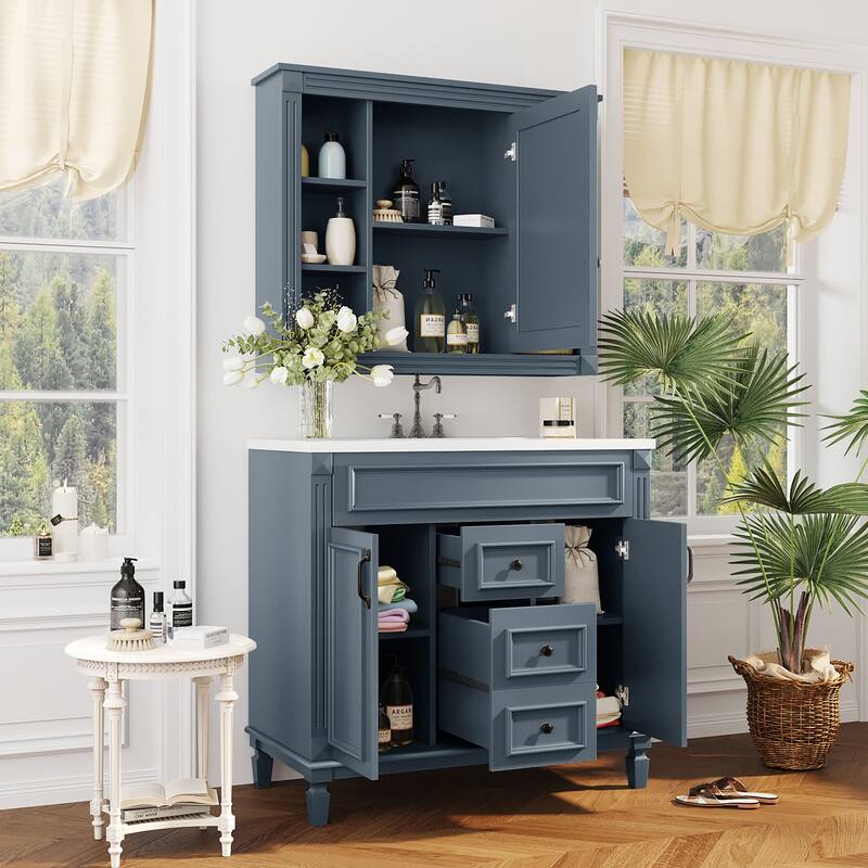 Bathroom Vanity Set with Medicine Cabinet and Floor Cabinet, Spacious Storage Cabinets with Mirror, Open Shelves and Drawers