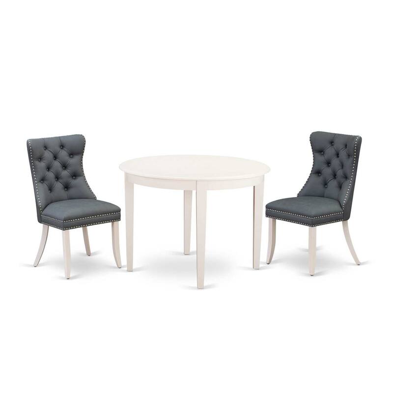 3-Piece Linen White Finish Round Solid Wood Top Dining Table Set