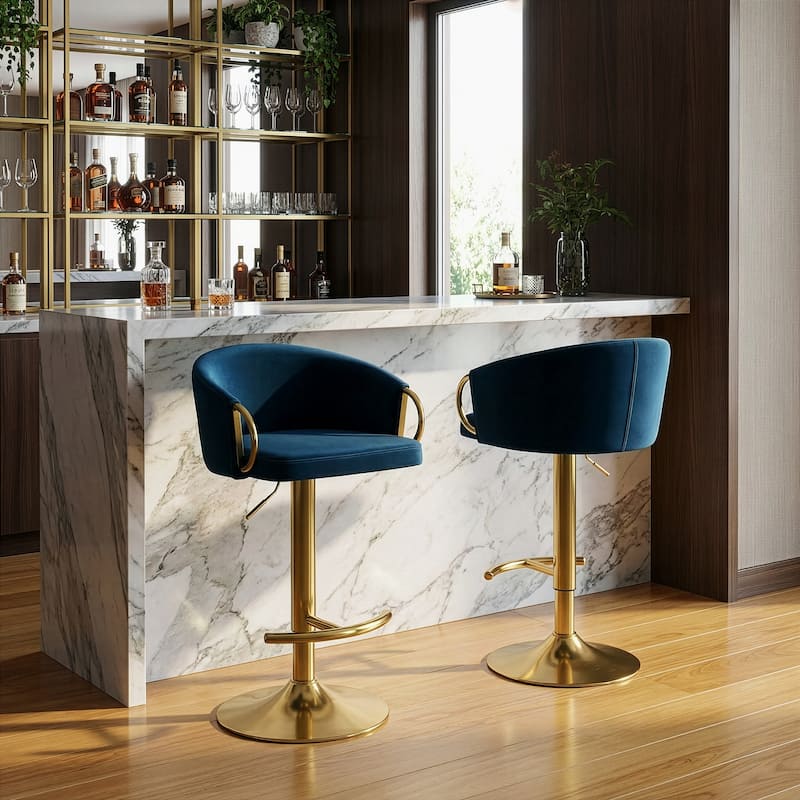 Balder Blue Velvet Fabric Bar Stool with Gold Accent Leg