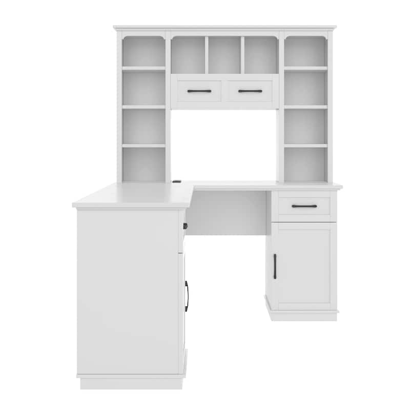 L-Shaped Computer Desk with 2 Cabinets, 2 Drawers, 11 Open Shelves and a Flip-Up Shelf with Storage on the Right Side