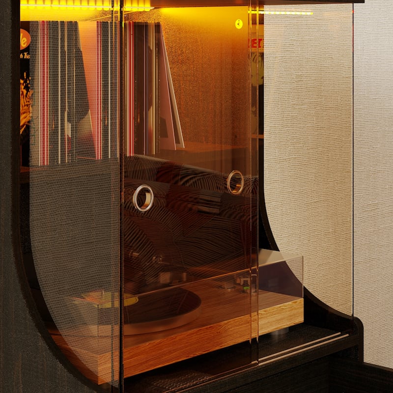 Record Player Stand with Glass Doors Vinyl Record Cabinet with LED Light Media Cabinet - 19.7"x19.7"x35.4"