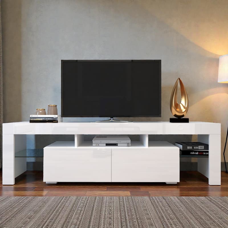 Modern 63" TV Stand with 20-Color LED Lights, Remote Control Media Console for 60-69 Inch TVs - White