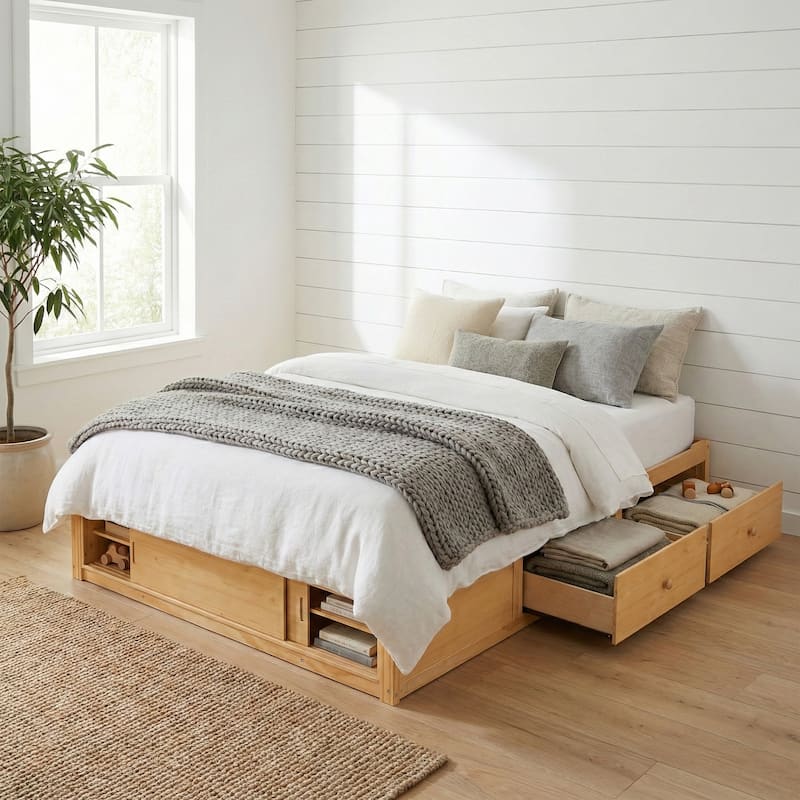 Queen Size Platform Bed Frame with 4 Storage Drawers & Footboard Cubby by Harper&Bright Designs - Natural