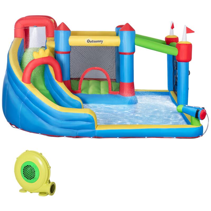 Outsunny 6-in-1 Inflatable Bounce House with Slide, Climbing Wall, Inflatable Water Slide for Kids with 2 Min