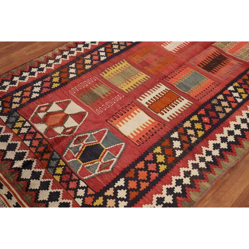Kilim Qashqai Persian Vintage Rug Hand-Woven Red Tribal Wool Carpet - 5'5"x 9'9"