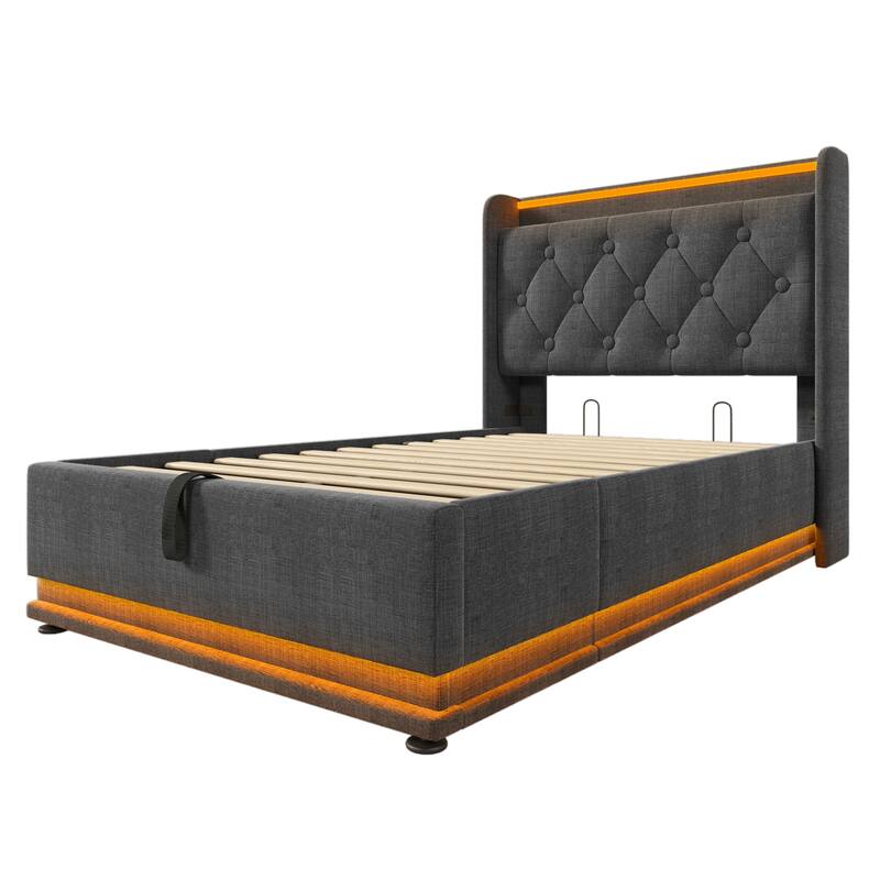 King Size Platform Bed Underbed Storage Bed with Wingback Tufted Headboard, USB and 360 Surround LED Strip, Linen Upholstered