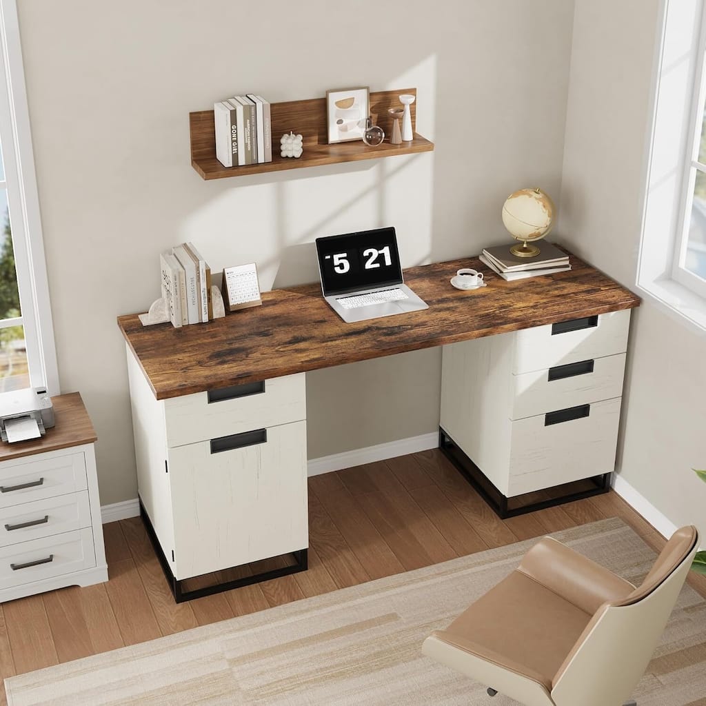 Executive Home Office Computer Desk with File Drawers and Storage Cabinet
