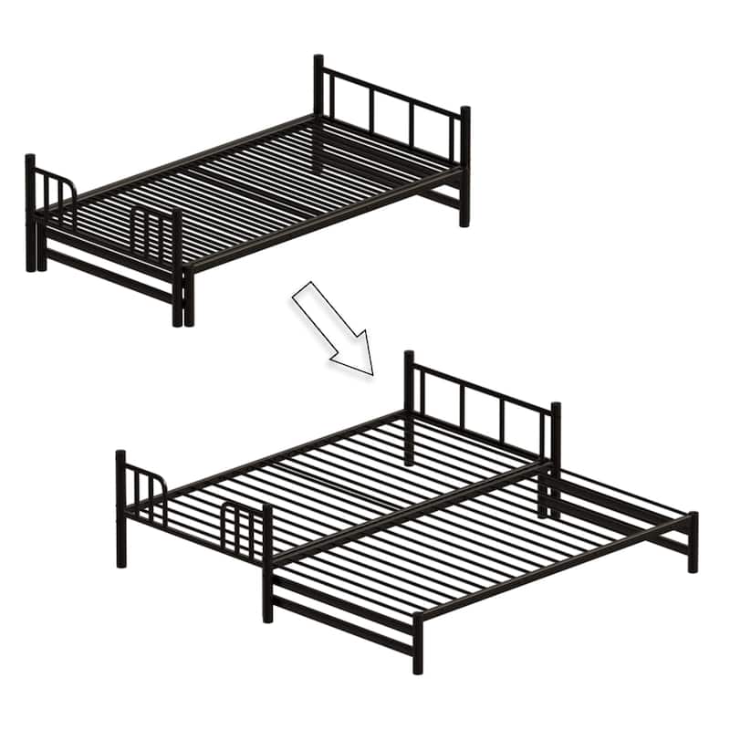 Twin Size Black Metal Bunk Bed Frame with Pull-out Bed, Guardrail and Built-In Ladder, Space-Saving Convertible Platform Bed