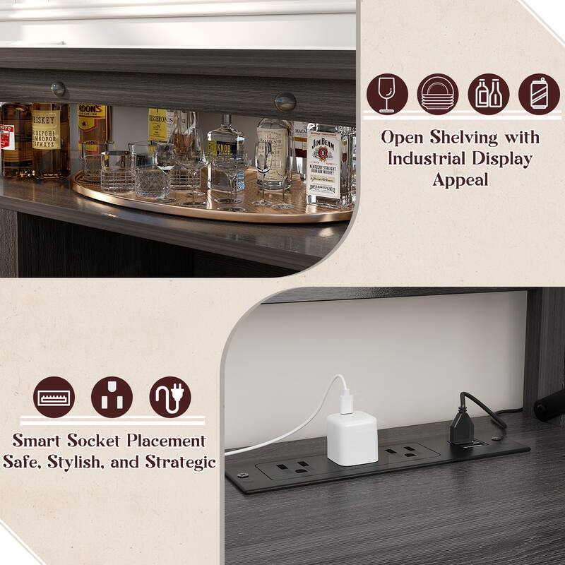 Farmhouse 47" Wine Bar Cabinet with Power Outlets & LED Lights, Industrial Coffee Bar Liquor Cabinet with Shelves & Wine Rack