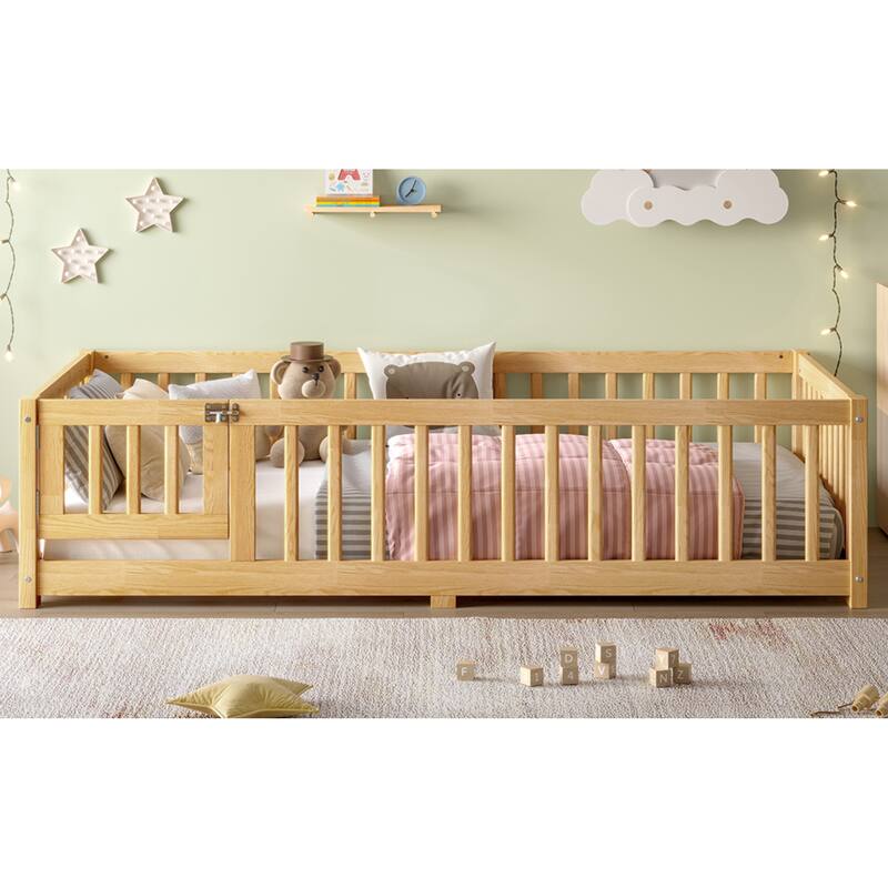 Roomfitters Twin Floor Bed with Safety Fence, Solid Wood Sleeping Frame with Opening Door and Guardrails, Natural