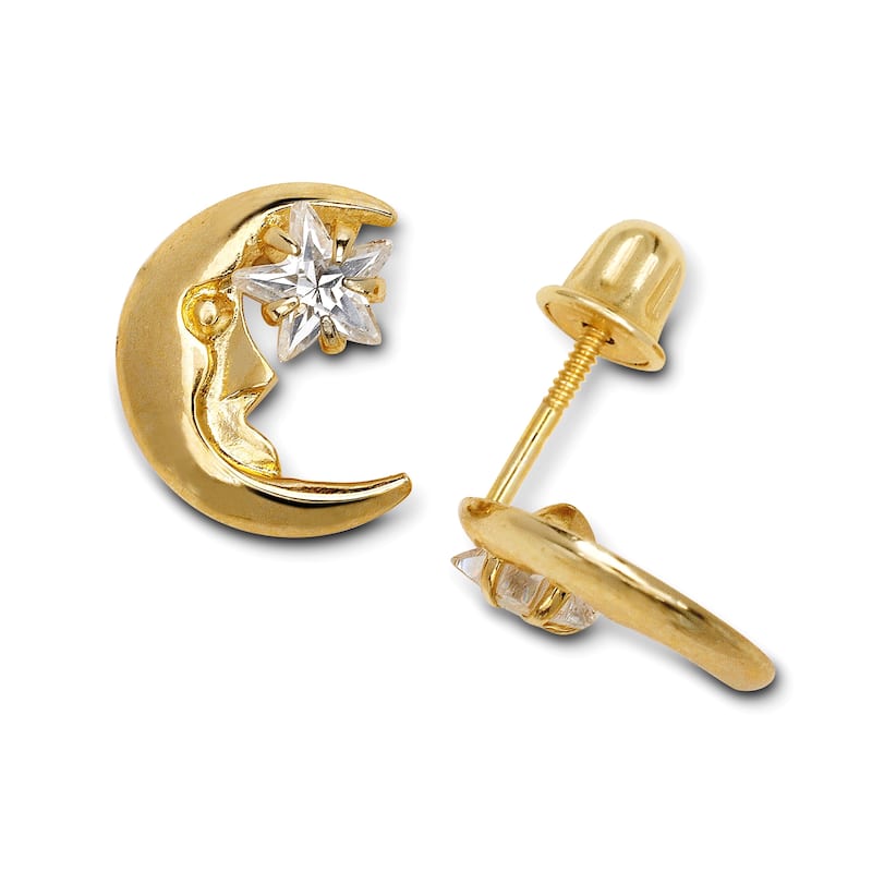 Curata 14k Gold Star shape Cubic Zirconia Crescent Moon Screw Back Earrings - White - Yellow