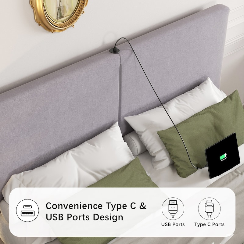 VECELO Adjustable Upholstered Split Headboard Bed Frame with Charging Station USB Port Type C No Box Spring Needed Noiseless Bed