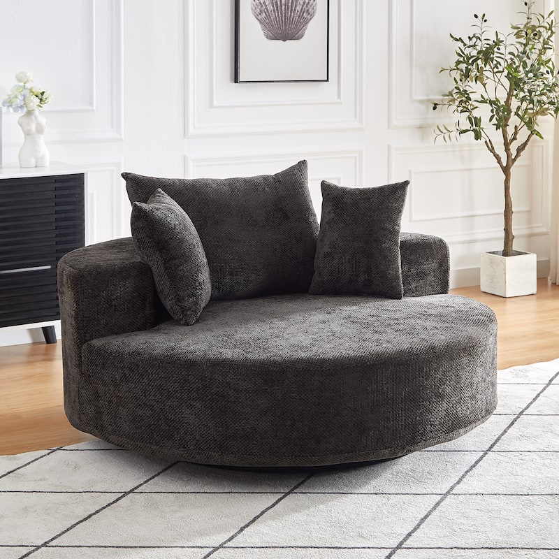 Oversized Swivel Barrel Chair, Chenille Upholstered Round Armchair, Single Sofa Chair with Headrest & 3 Cozy Pillows